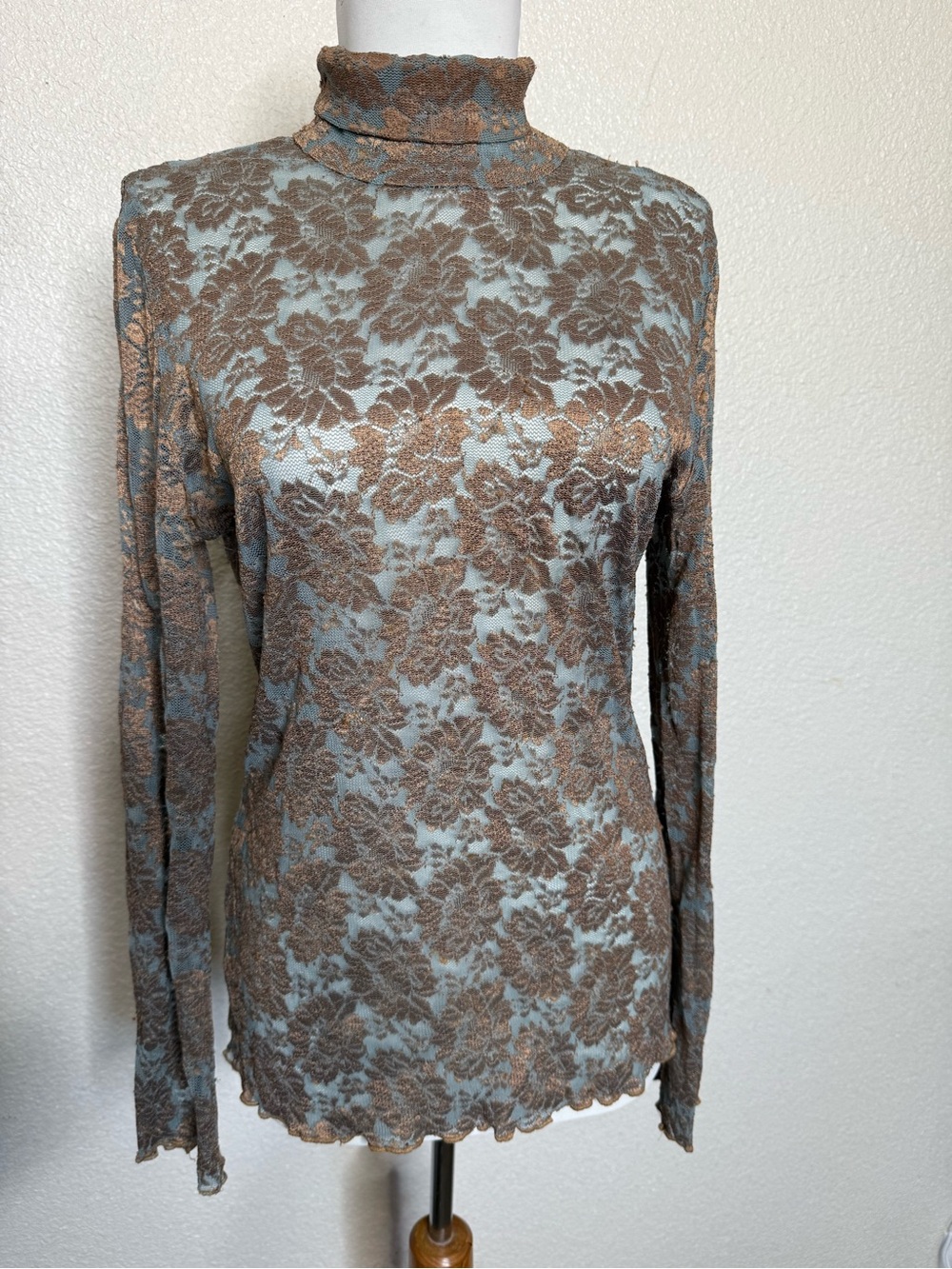 Sheer Floral Lace Turtleneck Long Sleeve Top — Light Blue & Brown